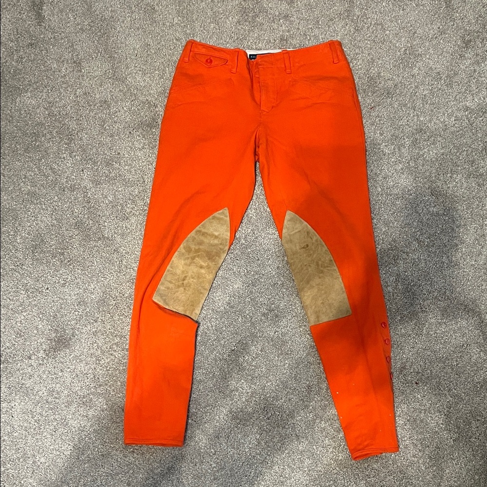 Ralph Lauren Orange Riding Pants Size 2 Suede Patches AS-IS Zipper Repair Rustic